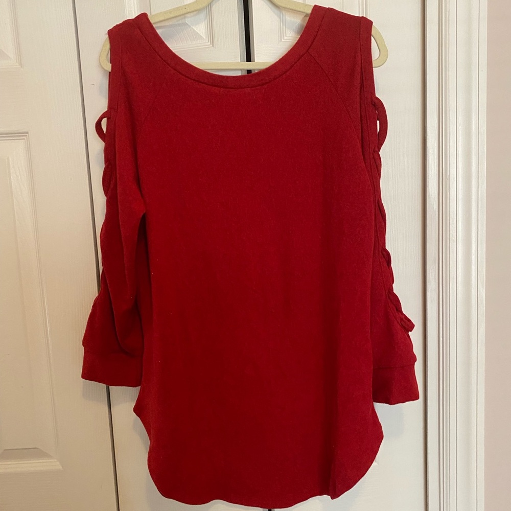 Red tunic, sweater, cold shoulder